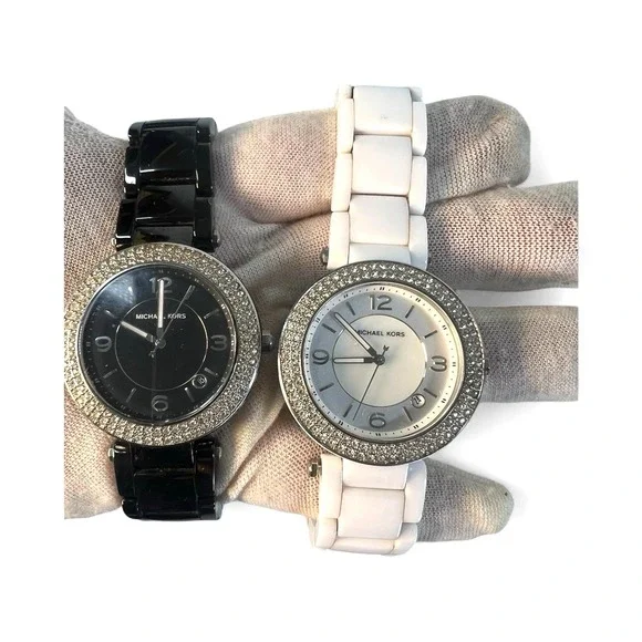 y2k vtg lot of 2 Michael Kors Ceramic Watch crystal bezel mother of pearl‎ - Picture 2 of 16